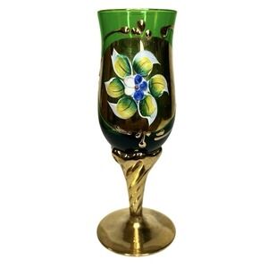 Vintage Green Tre Fuochi Murano Cordial Glass 2 oz Gold Gilt Twist Stem